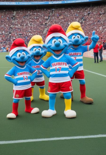 A highly detailed 3D image of energetic Smurfs (Schtroumpfs) dressed in official jerseys of the Espérance Sportive de Tunis (Taraji) football team. Each Smurf wears the bright red and yellow striped jersey with matching shorts, looking lively and full of energy. The Smurfs are posed triumphantly, making energetic victory signs with their hands, their blue faces beaming with joy and excitement. The scene is set in a football stadium, with the background showing blurred stands full of cheering fans. The Smurfs appear fully immersed in the celebratory atmosphere, exuding confidence and team spirit. The lighting is realistic, highlighting the Smurfs' expressions and detailed jerseys, creating a vibrant, victorious atmosphere