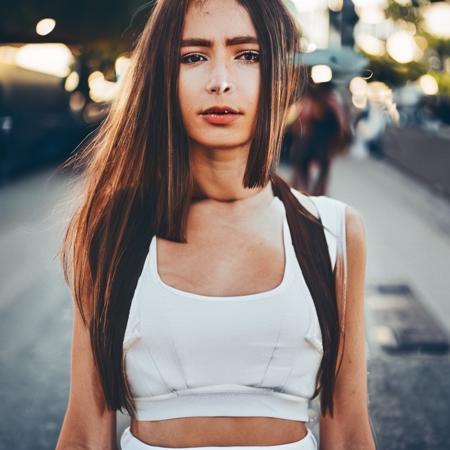 hyper-realistic, mfs shot, best quality, high detail, masterpiece, high quality, summer streetwear, (midriff:1.3), bloom, film grain, detailed eyes, beautiful face, (skinny:1.2), (young female:1.3), city background