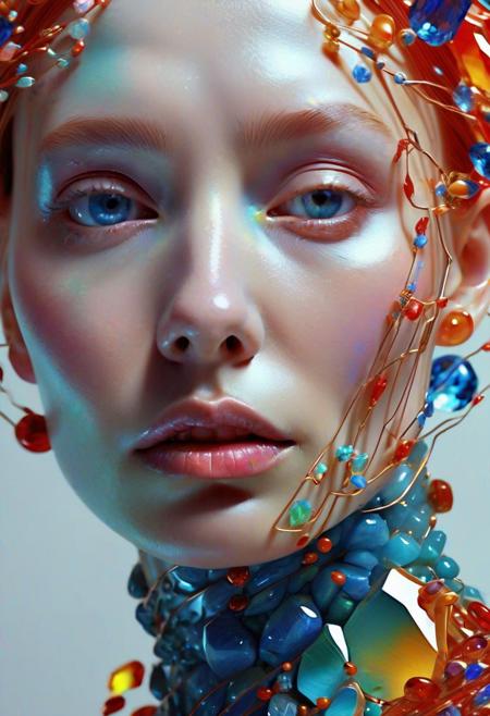 Artistic style reminiscent of Anna Ancher, Gemstone-faced beauty in close proximity, Face composed entirely from precious gems, Dynamic motion lines accentuating expression and form, Color bursts reflecting vivid hues, Poster aesthetic with high contrast and sharp focus, James Jean's fluid linework blended seamlessly, Extremely detailed, Radiant gemstone complexion shimmering under soft ambient light, DeviantArt