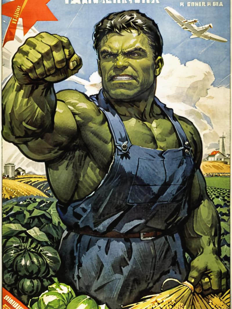 Hulk, the green superhero, is wearing overalls and pointing his finger.