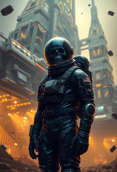 A cinematic shot of an undead lich astronaut in a vibrant metallic black spacesuit standing in the foreground, with a massive, ziggurat spacestation as the backdrop. The spacestation is adorned with numerous lights, windows, and technical details. The astronaut's suit is equipped with various gadgets and patches. The atmosphere is filled with floating debris and a hazy golden glow