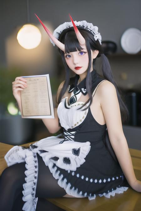 1girl,apron,bangs,black dress,black hair,black legwear,blunt bangs,blurry,blurry background,cigarette,depth of field,dress,enmaided,frilled apron,frills,holding cigarette,horns,long hair,looking at viewer,maid,maid apron,maid headdress,makeup,purple eyes,sitting,smoke,smoking,solo,thighhighs,waist apron,white apron,<lora:é±¼é±:0.8>,