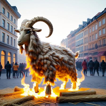 fr0stwrld, rating_safe, score_9, score_8_up, giant goat made of straw set on fire, in a city square background, full body, rotoscope, moody, epic, gorgeous, comedic shot, funny angle