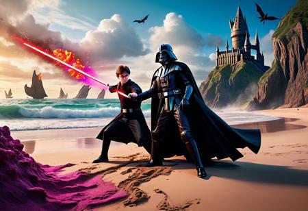 Harry Potter battling Darth Vader on a beach with a fantastical space opera background. A lot of vivid colors. detailed matte painting, deep color, fantastical, intricate detail, splash screen, complementary colors, fantasy concept art, 8k resolution trending on Artstation Unreal Engine 5