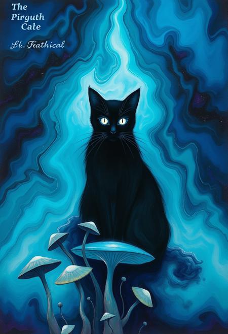 This artwork presents an abstract, surreal scene centered around an ethereal black cat with glowing white eyes. The cat, positioned in the middle, is set against a fluid, swirling background composed of rich blues, teals, and purples, suggesting a mystical or cosmic environment. The backdrop appears almost liquid, with the colors merging and flowing into one another, creating a dreamlike, ethereal atmosphere. Below the cat, abstract, mushroom-like forms and organic shapes emerge, enhancing the otherworldly feel of the image. The cat’s bright, piercing eyes draw attention, making it the focal point of this enchanting and mysterious scene, as if it exists within a magical or alternate dimension.