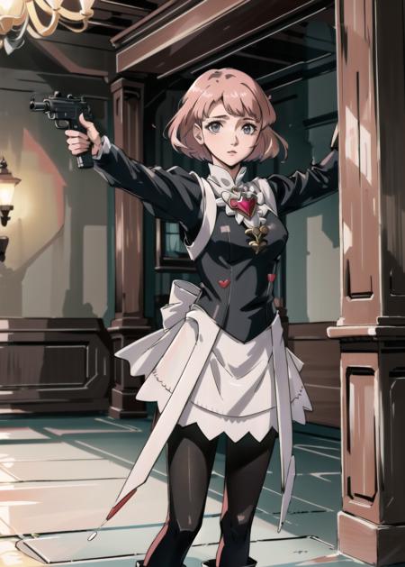 heikevahs,1girl,fates maid,standing,facing viewer,short hair,pink hair,heart brooch,red gem,raised arms,holding gun,(submachine gun),pantyhose,masterpiece,best quality,absurdres,in mansion,indoors, <lora:HeikeVahsV2-10:0.6>, <lora:FEFatesMaid_v1:1>