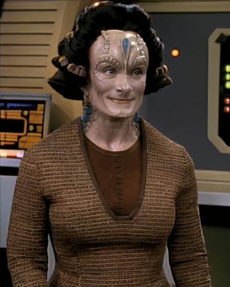 cardassian, female, ulani, grey skin, reptile scales on sides of neck, elaborate updo hair with disk-shaped barettes, wearing an earth tones woven tunic and brown shirt, medium shot, engineering lab background, wendy robie, <lora:cardassian_lora_v2:0.8>