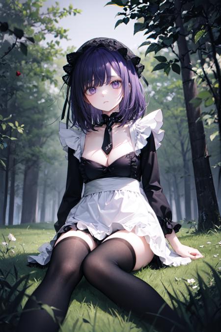 (detailed background),kitagawa marin, 1girl, purple hair, medium hair, purple eyes, pale skin, curvy, medium breasts, chocker, (sad, emotionless:1.2), looking at viewer, 
bonnet, red rose, collar, gothic, frills, black dress, black necktie, cleavage, long sleeves, white apron,black thighhighs, from below,
(illustration:1.1), (perfect details:1.1),sitting near the tree,(grass field on the background:1.2), (Hard Light, cinematic , Hard shadows, ambient occlussion:1.1), close up,
(slate atmosphere, dimmed colors, muted colors, film grainy:1.1), dark atmosphere
<lora:GoodHands-beta2:1>  <lora:LowRA:0.3> <lora:hairdetailer:0.3>  <lora:kitagawa_marin_v1-1:0.7>