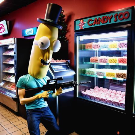 real photo of ukj, being sneaky, smiling, looking at viewer, robbing a candy store, machine gun, enigmatic, raw, analog <lora:poopy_sdxl_v11_E3:1.0>