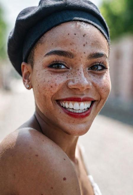 beautiful lady, (freckles), big smile, short hair, dark makeup, hyperdetailed photography, soft light, head and shoulders portrait, cover, black woman, black skin, red eyes, white thees, cap, russian