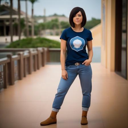 full-length photo of korra with sh hairstyle wearing a tshirt and jeans