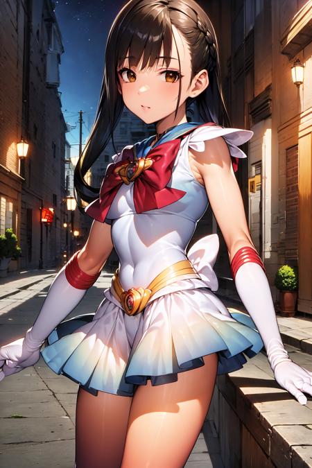 ((best quality)), ((official art)), ((masterpiece)), textile shading, ((ultra-detailed)),  solo, full color, (1girl, solo,   <lora:super_sailor_moon_outfit-v1:1>,bssmsuperoutfit, circlet, white leotard,,blue sailor collar, sleeveless, heart brooch, miniskirt, white gloves,   hairstyle, hairlength , black hair, brown skin, detailed face), (at night, street)