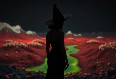 cottoncandy: a small black silhouette of a woman, showing back, long black tight dress, short black hair, black witch hat, in a vast dark but colorfull candy land, dark black night, cadles on the street, vast surreal world in the background. clear lighting, mountains of dark red candy with white suggar toppings, red clouds like creamy pudding, green river of transparent slime,
Shot with a full-frame DSLR, 85mm lens at f/1.8 for shallow depth of field, ISO 400, 1/100 shutter speed. soft light enhanced with slight post-processing contrast boost and warm tone grading. balancing candy love and dark horror, creating a sad but beautiful photo,
