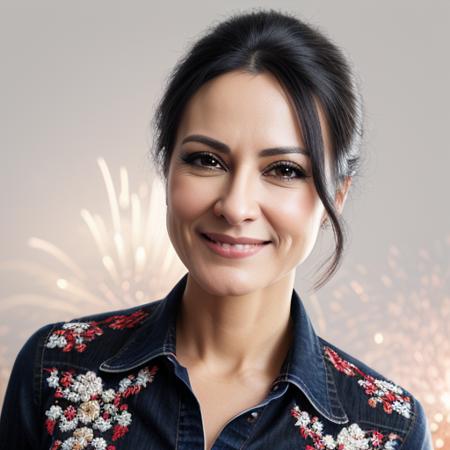 Realistic head portrait of a young woman in her thirties with only white, red and black as strong colors, dressed with blouse and jeans with a happy countenance, embroidered fisticuffs, granulated skin pores, real skin, stylish, fireworks background, fixed eye contact, attention to detail, intricate details, dim light, parcial illumination <lora:epiCRealismHelper:1>