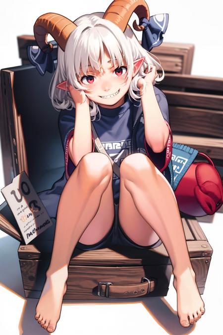 masterpiece, best quality, <lora:comiclo:1>,
<lora:ToutetsuYuuma:1>,1girl, horns, feet, toutetsu yuuma, toes, barefoot, solo, soles, pointy ears, red eyes, sharp teeth, red horns, smile, teeth, sitting, shorts, grin, foot focus, looking at viewer, white hair, curly hair, simple background, clothes writing, thigh strap, long sleeves, sheep horns, bangs, sweater, horn ornament, black shorts, sleeves past wrists, horizontal pupils, full body, short hair, alternate costume, hair between eyes, white background, legs, stool