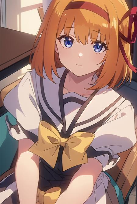 kaedefuyou, <lyco:kaedefuyou-LYCORIStest:1>,
kaede fuyou, short hair, orange hair, hair ribbon, hairband, blue eyes,
BREAK skirt, bow, ribbon, school uniform, short sleeves, pleated skirt, serafuku, socks, puffy sleeves, bowtie, puffy short sleeves, black socks, yellow bow, yellow bowtie,
BREAK looking at viewer,
BREAK indoors, classroom, 
BREAK <lora:GoodHands-vanilla:1>, (masterpiece:1.2), best quality, high resolution, unity 8k wallpaper, (illustration:0.8), (beautiful detailed eyes:1.6), extremely detailed face, perfect lighting, extremely detailed CG, (perfect hands, perfect anatomy),