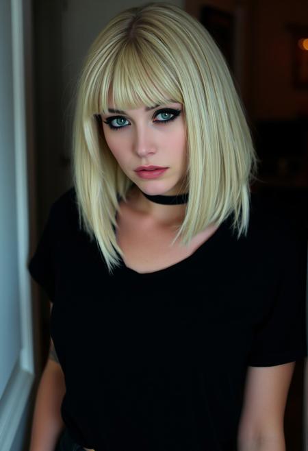 woman, blonde bobcut hair, parted half hair, green and blue eyes, eyeliner, gothic, wearing black t-shirt and black hotpants,
