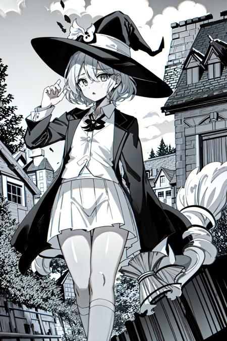 house on chicken legs, bw , monochrome, 1boy, 1girl,  witchcraft, emma watson witch roble, pointed hat, broom, 
 <lyco:mangaV2:.75>