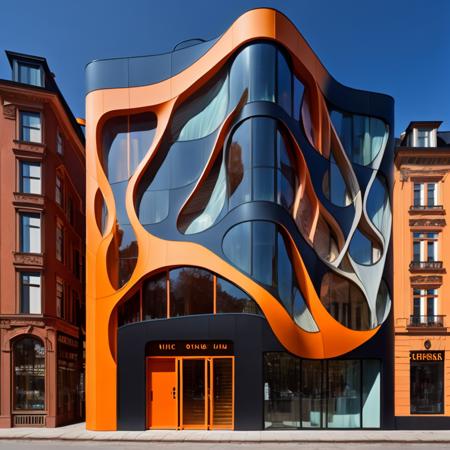 a photo of a modern shop building with the orange facade in organic shapes and forms in the style midjor, epic sky, <lora:theovercomer8sContrastFix_sd15:0.5>   <lora:Midjor_Style_V1:1>