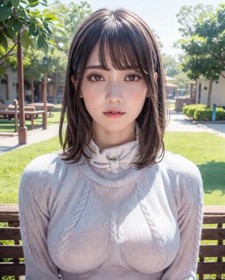 pureerosface_v1:0.3, best quality, photorealistic, 8k, high res, full color, 1girl, woman, 20 years old woman, (closed mouth:1.43), (skindentation), (portrait:0.6), trees, park bench, daylight, ((park background:1.52)), full color, ((necksweater:1.68)), looking at viewer:1.8, (1girl eyes looking at viewer:1.55), (medium-length hair, brownhair, partedbangs:1.45), (bokeh), <lora:AAG-nashiko:0.65>