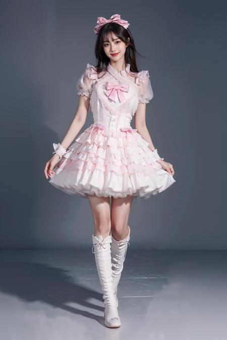 best quality, quality, masterpiece, photorealistic, 1girl, solo, long black hair, looking at viewer, smile, standing, holding microphone, full body, cyb dress, frills, see-through short sleeves, wrist cuffs, hair bow, white knee boots, simple background, <lora:idol_costume_style6_v1:0.7>