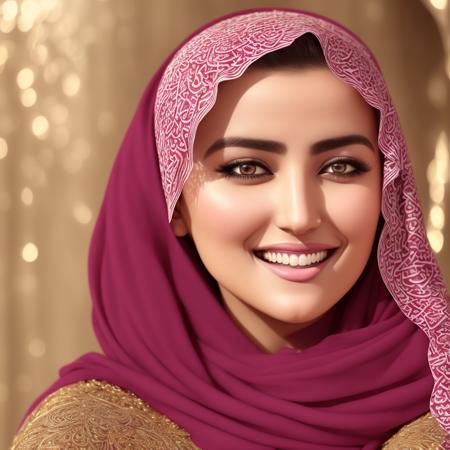 25yo Arabic smiling female looking at the viewer, a detailed face,  attractive, underboob, full elegant dress, wavy chestnut hair, ((closeup)), perfect eyes, (interior home background), (photorealistic), intricate, highly detailed, absurd res, symmetrical, backlighting, colorful,  concept art, (photography:1.5), sharp focus, illustration, award-winning, 8K.