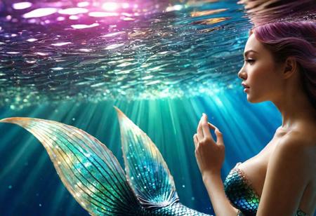 Beautiful mermaid. hal body shot , perfect  face, perfetc eyes, perfect ,Beautiful tail. heading into the unknown of marine scenes, sparkles, Broken Glass effect, bottomless, dazzling, something that doesn't even exist, mythical being, energy, molecular, textures, iridescent and luminescent scales, breathtaking beauty, sheer perfection, divine presence, unforgettable beauty, impressive, impressive, volumetric light, auras, rays, reflections of vivid colors, Miki Asai Macro photography, close-up, hyper detailed, trending on artstation, sharp focus, studio photo, intricate details, highly detailed, by greg rutkowski
