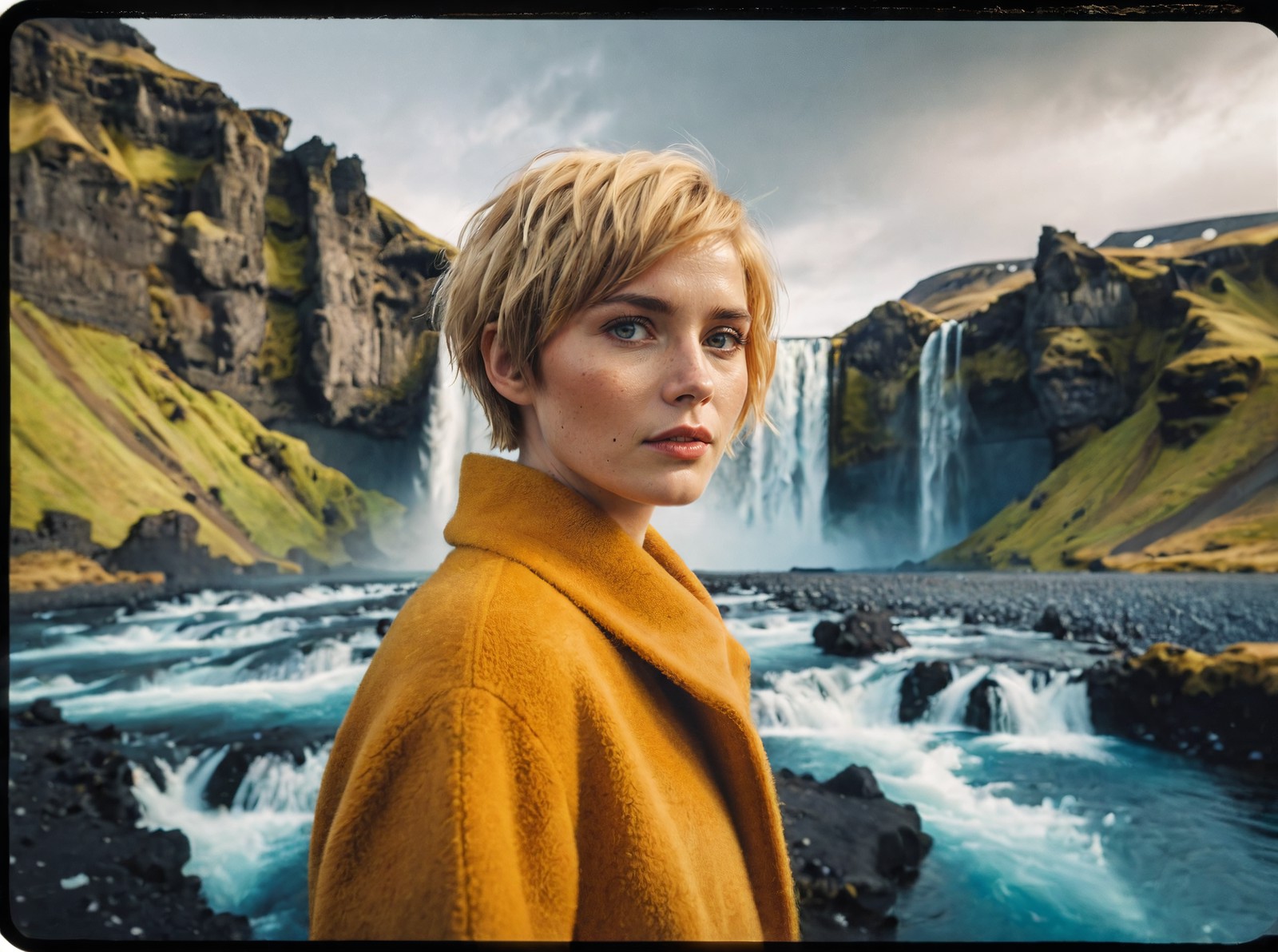 a Gorgeous woman,Short hair,Golden,wide shot,dramatic landscapes of Iceland are like something out of a fairy tale, with w...
