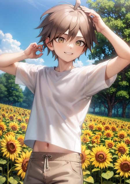 masterpiece, best quality, 1boy, short hair, brown hair, ahoge, beige pants, shorts, short sleeves, (white t-shirt:1.2), <lora:MakonaeA-08:0.45>, blue sky, sunflower, smile