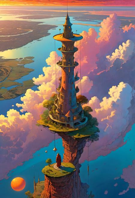 Art by Jean Giraud, Moebius, (A futuristic sorcerer floating in the sky), dawn, clouds, sunrise, small colorful sci-fi wizard tower, view from above, surrounded by nature and water, UHD, 8K, masterpiece, detailed, detailxl
