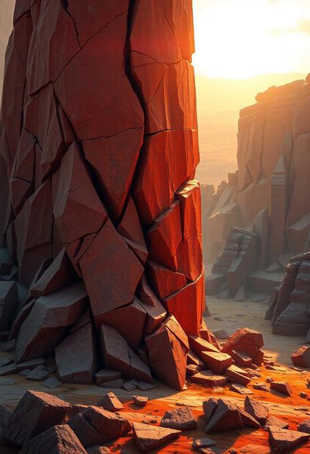recursive fractures across the obelisk, (bad composition:-1.3), (polished:-1.3), saturated earthy tones of red, (emphasis on chaotic geometric obelisk forms:1.6), dystopian vibe, photorealism, brutal and irregular structure, savannah, sculptural and chaotic, sharp and jagged surfaces, intersecting planes of twisted stone and landscape, (disjointed anatomy:-1.3), warped shadow forms, multichromatic oil pastel hues scattered across the surfaces, flowing yet jagged surfaces, twisted angular edges, chaotic geometry in stone, intricate and uneven fractal patterns, fractured terrain with shifting geometry, irregular polygonal faces, (blurry:-1.2), fragmented and distorted geometric structure, minimal organic details, (low quality:-1.2), glowing light from the horizon, unsettling, vibrant and distorted colors reflecting in the sunlight, (ugly:-1.3), (cartoonish:-1.1), (smooth surfaces:-1.4),obelisk, (noisy:-1.1), orange, yellow, (overly ornate:-1.5), high resolution