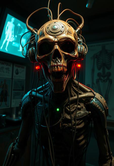 A terrifying biopunk creature, cybernetic body horror, dark room, screen glow, cables and wires, futuristic morgue with anatomical diagrams on the walls