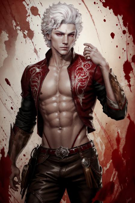 AstarionNewBG, 1boy, red eyes, white hair, cowboy shot, <lora:AstarionNewBG:0.7>