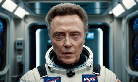  A photograph of 45-year-old Christopher Walken man as an astronaut, intense, messy black hair, in a spacesuit, backdrop is a long metallic corridor in a space station, detailed black eyes with enlarged pupils, overhead lighting, natural skin, perspiration on face, photorealism