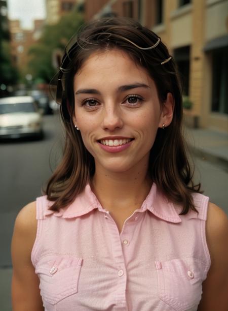 AmyJoJohnson, <lora:AmyJoJohnson-v15-byShurik:1>
In this close-up shot, the camera focuses on a woman wearing a pink outfit with a '90s style. (Best quality: 1.3) Her medium-length hair adds to the nostalgic vibe, reminiscent of the trends from that era. The woman's outfit features vibrant shades of pink, reflecting the playful and vibrant fashion of the '90s. (Detailed: 1.2) The camera captures her confident and upbeat expression, suggesting a carefree and youthful spirit. (Close-up expression: 1.3) The lighting highlights the pink hues, creating a warm and nostalgic ambiance. The overall look exudes a sense of fun and individuality, channeling the unique style of the '90s. (Full body: 1.3)