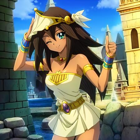 Mana, anime, yu-gi-oh! duel monsters,1girl, best quality, Egyptian, tan skin, green eyes, stone structure, stone building, (happy), (standing), magic, looking at viewer, smug, one eye closed, cute pose, cute face, (thumbs up:0.8)