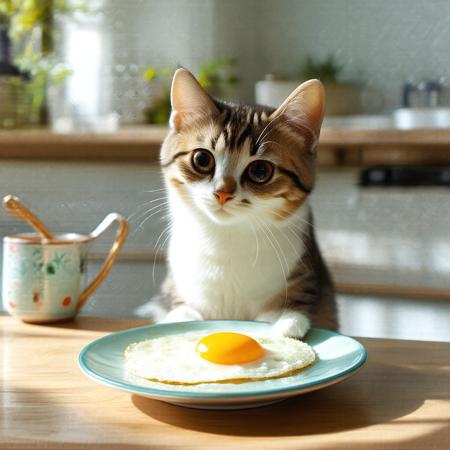 A cute cat with big eyes, sitting in a sunny kitchen, staring at a fried egg on a plate, simple wooden table, bright and clean background.  






