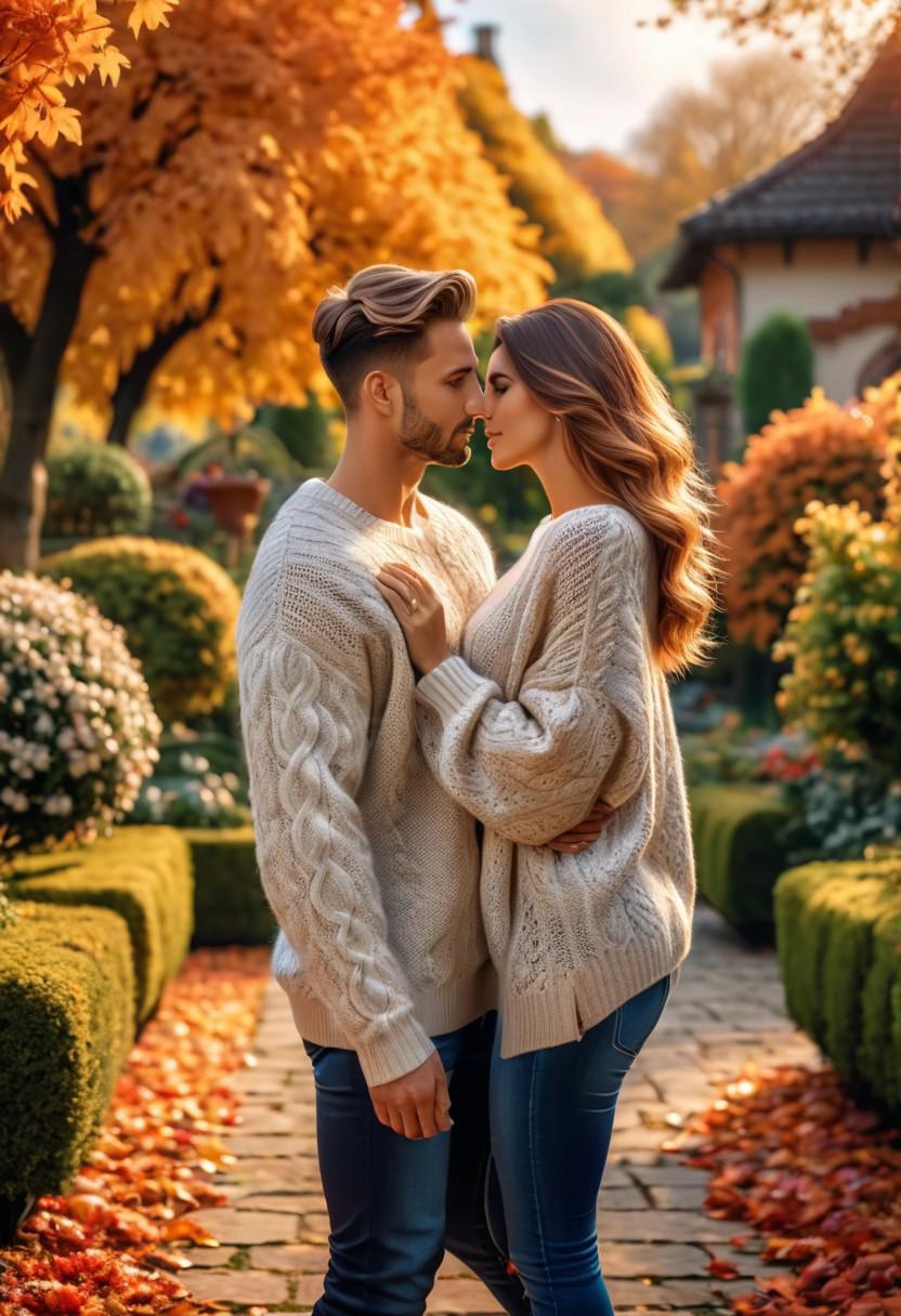 photo of        -10000 beautiful couple in love , hair,seductive   ,garden, Autumn,   long sweater   ,    , masterpiece) (best quality) (detailed) (8k) (HDR) (wallpaper) (cinematic lighting) (sharp focus) (intricate)