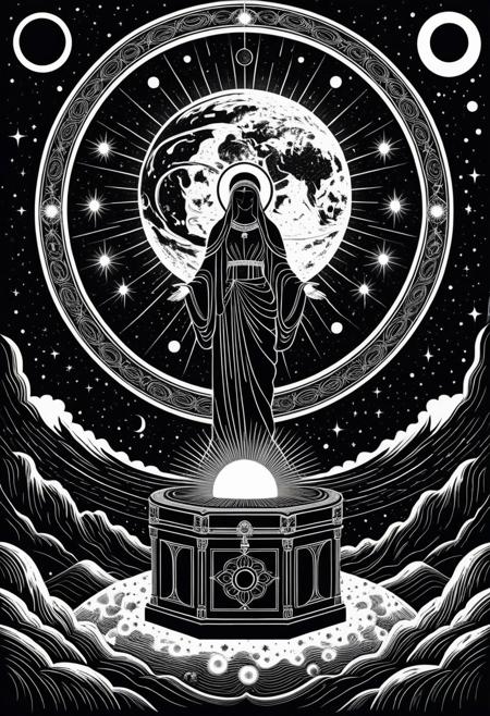 celestial figure, dark dreams, woodblock print style, minimalistic design, bold linework, high contrast, monochromatic tones, intricate detailing, surreal elements, glowing halo, ornate chest, symbolic imagery, floating Earth, cosmic backdrop, traditional printmaking aesthetic, haunting elegance, expressive composition, storytelling depth, dreamlike atmosphere, mythic surrealism