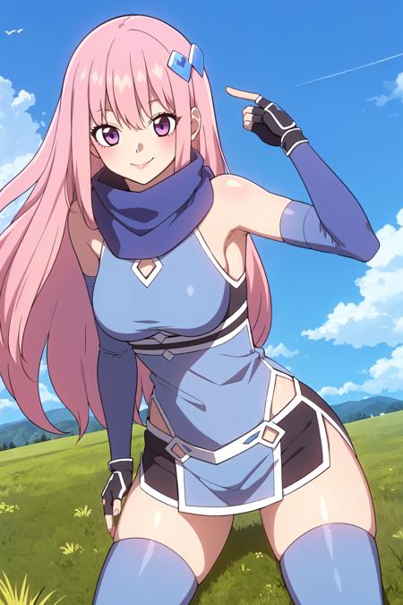 luv, 1girl, bare shoulders, blue sky, cloud, day, fingerless gloves, gloves, hair ornament, long hair, pink hair, purple eyes, scarf, grass, solo, thighhighs, smile, outdoors, scenic, thighs