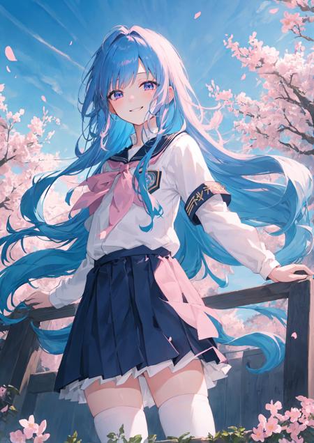 masterpiece,best quality,official art,extremely detailed CG unity 8k wallpaper,illustration,day, in spring, cloudy, sky, beautiful detailed sky, light, solo, bishoujo, long hair, blue hair, asymmetrical bangs, smirk, beautiful detailed eyes, pink eyes, (school uniform:1.05), white kneehighs,