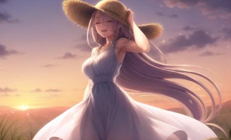 ((masterpiece)), (((best quality))), ((ultra-detailed)), ((illustration)), finely detail, extremely detailed CG unity 8k, highres, beautiful detailed eyes, finely detail, beautiful detailed eyes
1girl, long hair, dress, hat, solo, closed eyes, low-tied long hair, purple hair, outdoors, open mouth, white dress, smile, straw hat, breasts, sky, very long hair, sleeveless, cloud, sundress, hand on headwear, sleeveless dress, sunset, :d, standing, wind, ear of rice, backlight