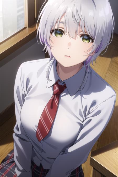 fuukakikuchi, <lora:fuuka kikuchi s1-lora-nochekaiser:1>,
fuuka kikuchi, short hair, bangs, hair between eyes, (green eyes:1.3), grey hair,
BREAK skirt, shirt, long sleeves, school uniform, jacket, white shirt, pleated skirt, necktie, collared shirt, plaid, plaid skirt, blazer, red necktie,
BREAK indoors, classroom,
BREAK looking at viewer,
BREAK <lyco:GoodHands-beta2:1>, (masterpiece:1.2), best quality, high resolution, unity 8k wallpaper, (illustration:0.8), (beautiful detailed eyes:1.6), extremely detailed face, perfect lighting, extremely detailed CG, (perfect hands, perfect anatomy),