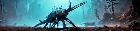 Lush dense natural late night forest scenery from "horizon zero dawn" cloudy stormy; (long shot:1.5) of a white and black mechanical robotic machine inspired by "Horizon zero dawn" resembling a giant (Narwhal:1.4) fitted with futuristic weapons and glowing eyes; captured in a (long shot:1.4) with a full frame DSLR camera with a wide angle 35mm prime lens, with f/8 aperture, 1/500 sec shutter speed, ISO 100; UWQHD, wide-angle, wide-screen, ultra-wide, realistic depth, scale, rule of thirds, absurdres;  <lora:add-detail-xl:1.5>    <lora:compb0t:0.8> <lora:zkeleton:0.5>; freshwater crabs, giant trees, rocks