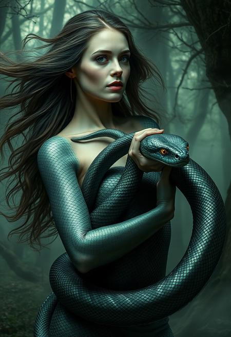 A mesmerizing scene capturing the transformation of a woman into a snake. The image shows a woman with flowing hair, her body partially covered in shimmering scales as she begins to metamorphose. Her arms elongate and blend into the body of a sleek, coiled snake. Her eyes are sharp and glowing, reflecting the primal energy of the transformation. The background is a mystical forest with swirling fog, creating an ethereal atmosphere. The colors are a mix of deep greens, blacks, and metallic hues, highlighting the seamless blend between human and reptilian forms.