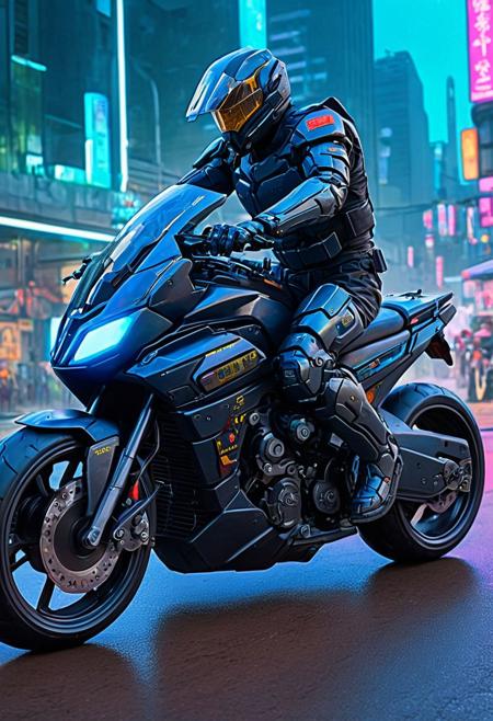 A black suited mech police riding a futuristic motorbike, Akira Style motorbike,  color pencil painting  cinematic composition,complex multiple subjects, 4k HDRvaporwave style , , cyberpunk, vibrant, neon colors, , highly detailed,,,Leica Q2 with Summilux 35mm f/1.2 ASPH, ,clear face, Ultra High Resolution, wallpaper, 8K,Rich texture details, hyper detailed, detailed eyes, detailed background, dramatic angle,