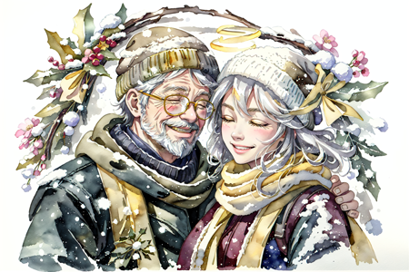 GachasplashMistletoe, 1girl, smile, 1boy, hat, closed eyes, flower, white hair, hetero, grey hair, glasses, scarf, grin, coat, facial hair, beard, beanie, old, old man, old woman, yellow background, SplashHelper, <lora:GachasplashMistletoe:0.8>