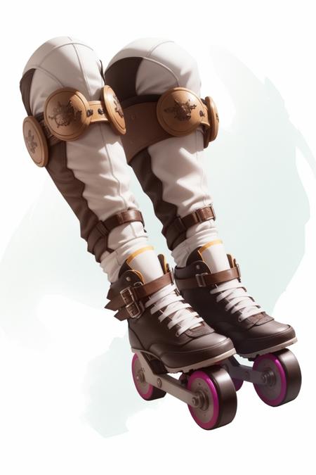 MagicItem_v1 <lora:MagicItem_v1-000002:1> white background, fantasy theme, roller blades, boots, retro 80s roller blades, leather and metal