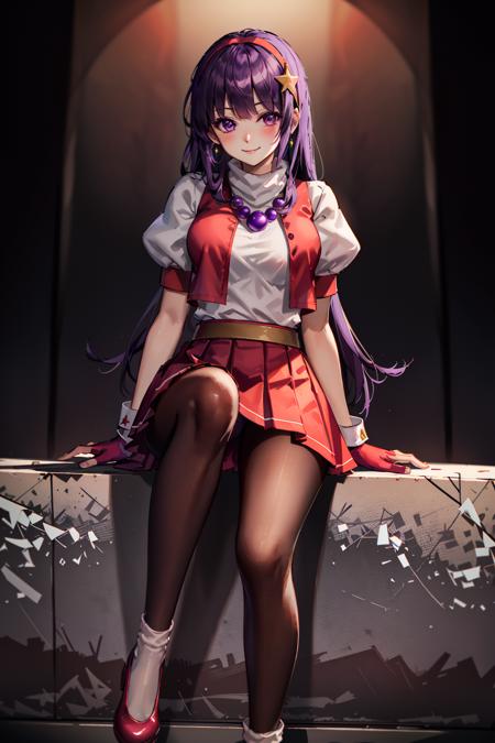 (masterpiece), (best quality), (ultra-detailed), intricate detail, athena97, 1girl, solo, purple eyes, purple hair, long hair, white earrings, red hairband, star hair ornament, medium breats, red vest, white turtleneck, white puffy sleeves, short sleeves, red pleated skirt, (deep red pantyhose:1.2), black pantyhose, yellow belt, purple sphere shape necklace, red fingerless gloves, white short socks, red shoes,   <lora:athena97e12:0.8>, 
park, photography, (blush:1.2), (smile), blurry background, sitting, full body, leg lift,