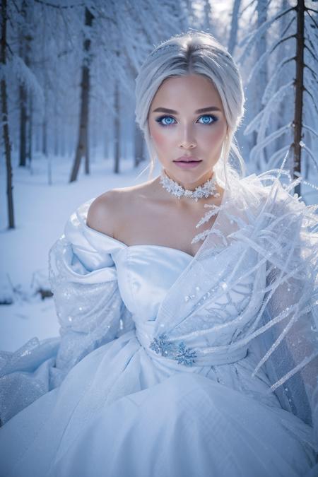 A photo of a beautiful frosted angel woman, white frosted ice natural hair, icy blue makeup, soft fierce look, beautiful blue ice eyes, clothes frozen in ice, background white frosted snow forest, high quality, high resolution, ultra 16k <lora:Julia_Mihalkova_v2_640x960:0.85>